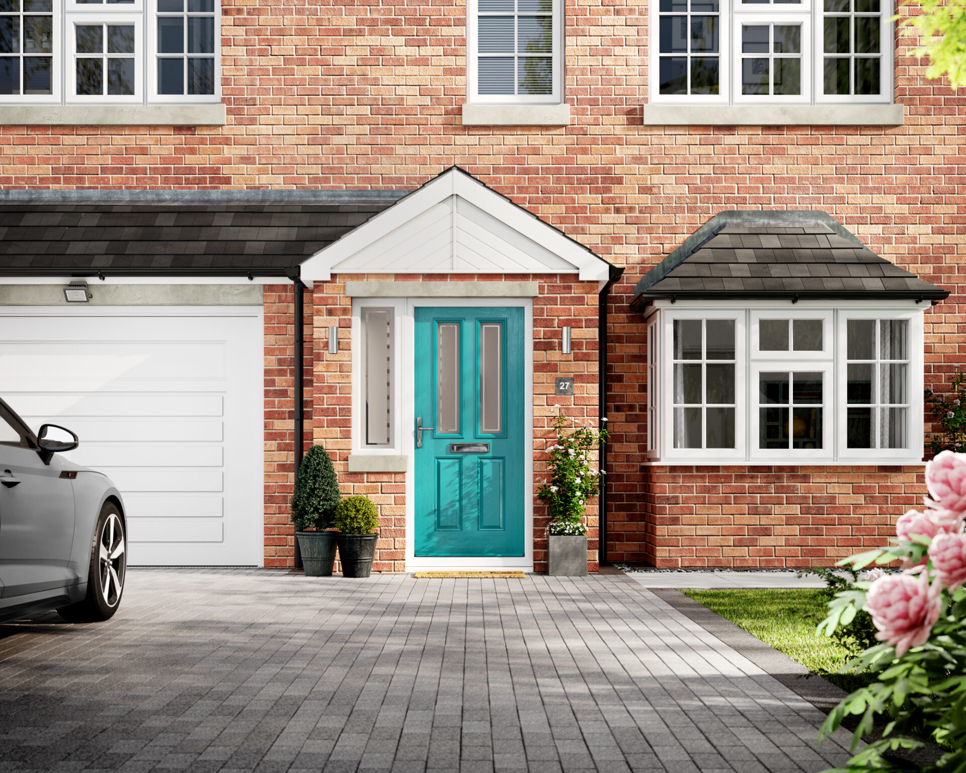 ultion lock: Door Stop composite door on a home with white windows. 