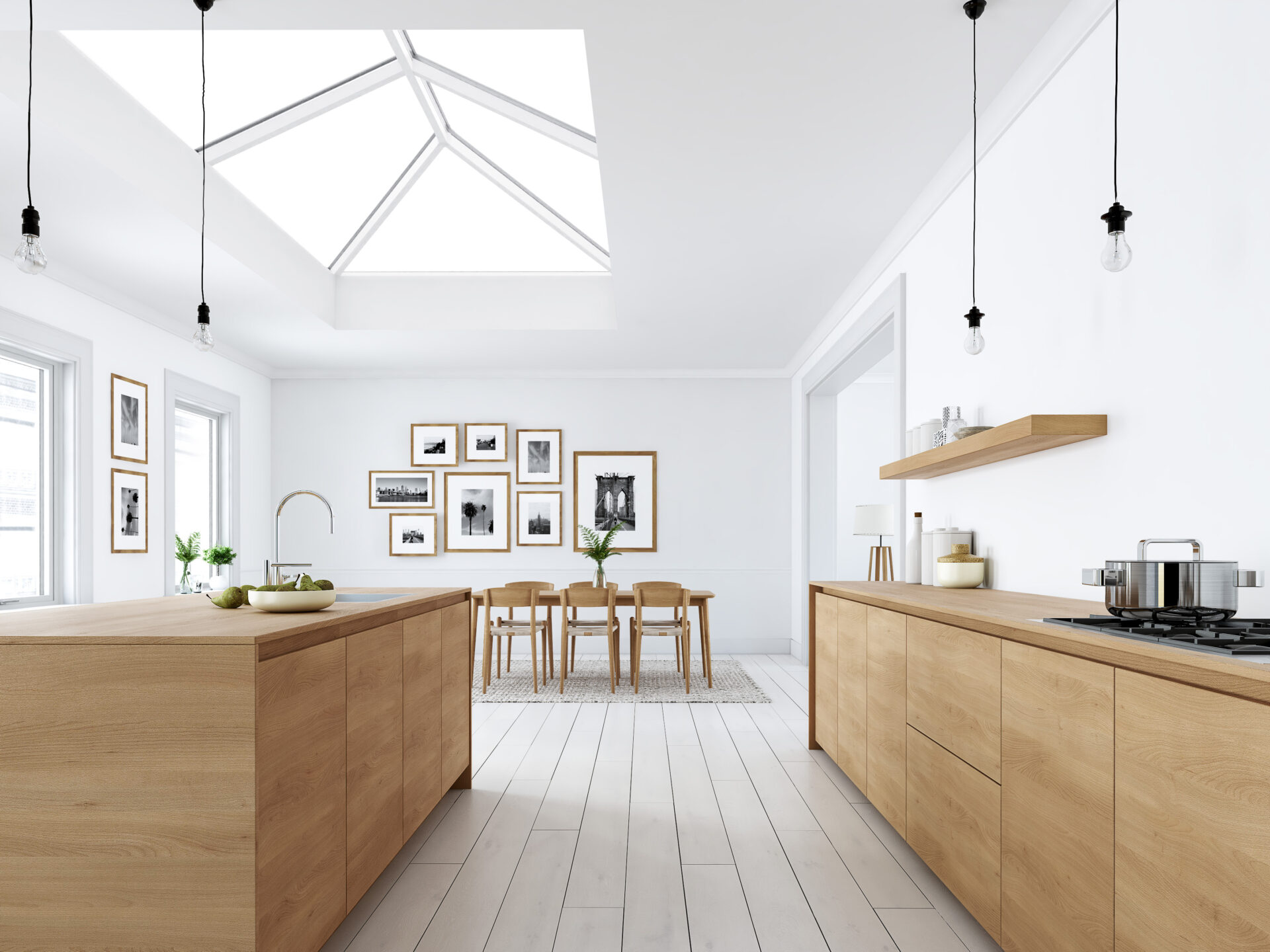 home extension ideas: large kitchen with roof lanterns above and hanging lighting 