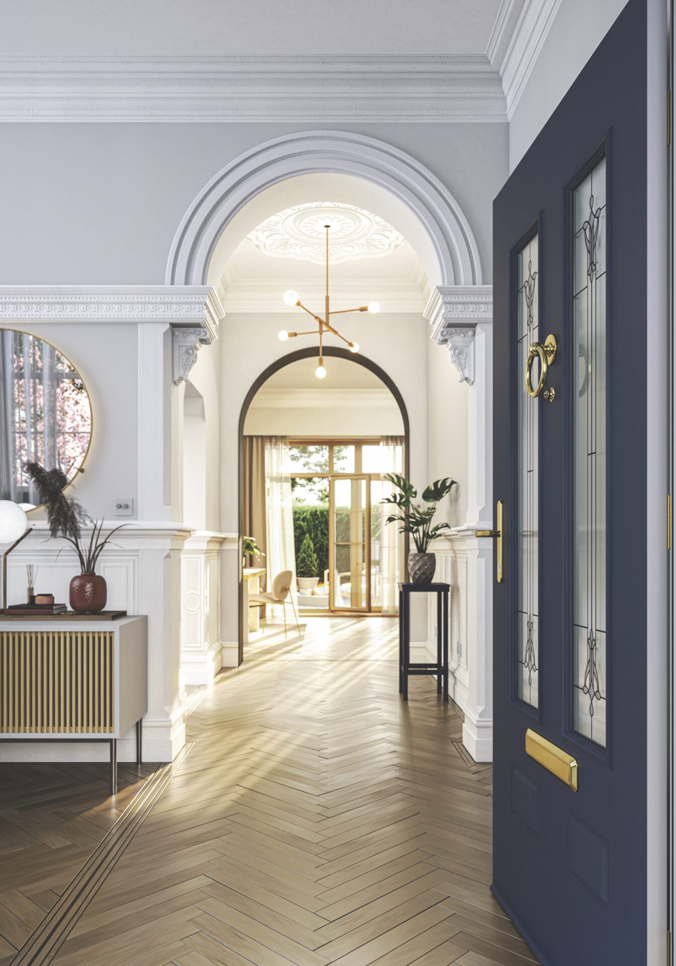 solidor vs rockdoor: Solidor Edinburgh 2 in Blue installed on the front of a door with the door open, showing the inside of the home.