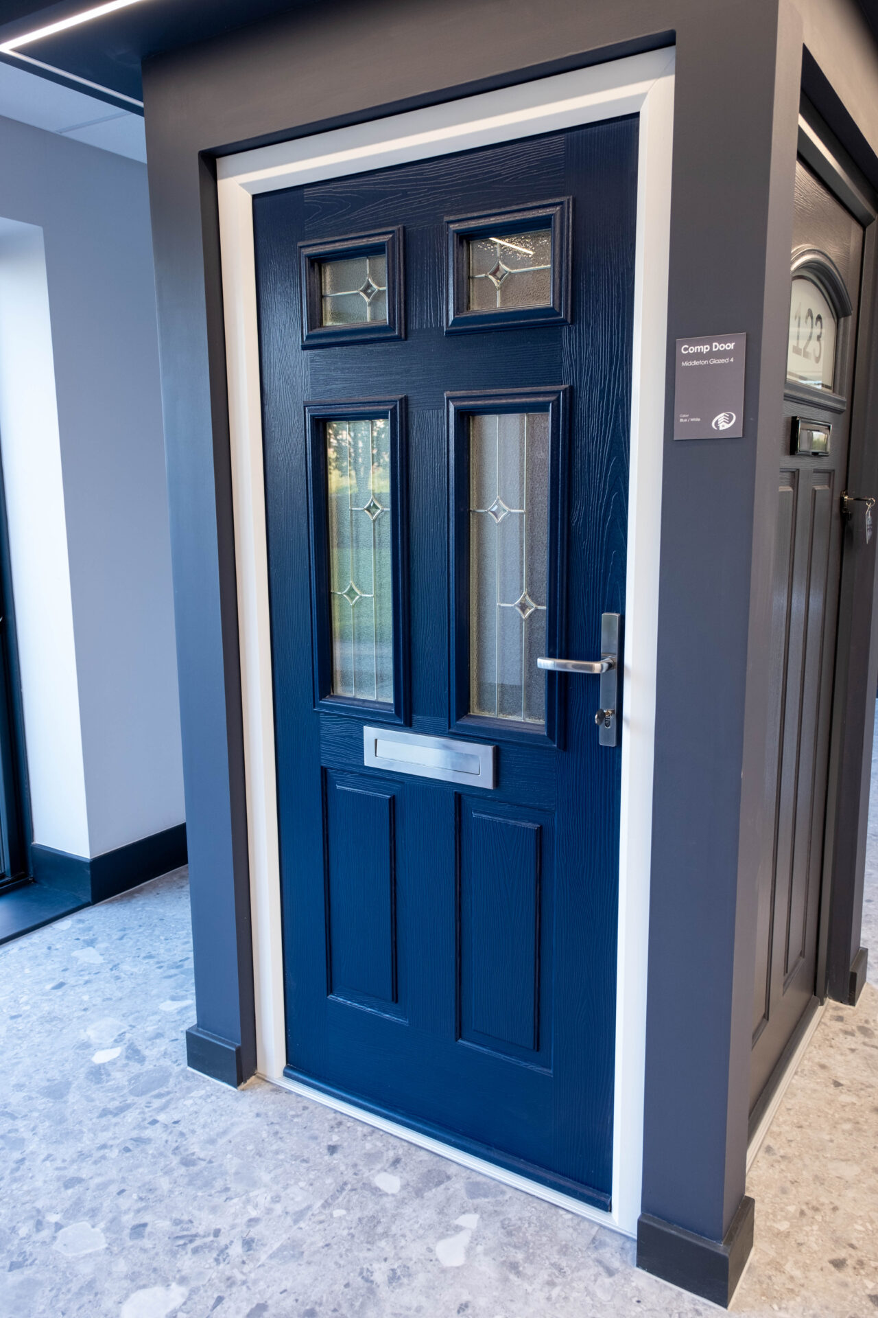 Window showroom: Comp Door Middleton in Blue, installed in our showroom.
