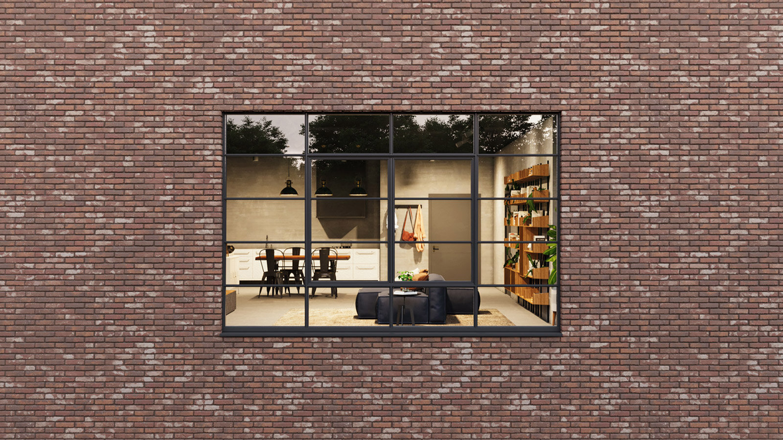 Industrial style windows: installed in bricked up building, zoomed in view. 