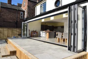Aluminium Concertina Doors : LARGE open smart bifold doors looking inside from outside